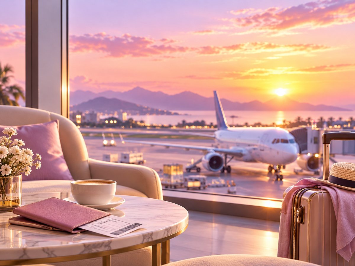 Sala VIP con vista al avión al atardecer, maleta lista para viajar